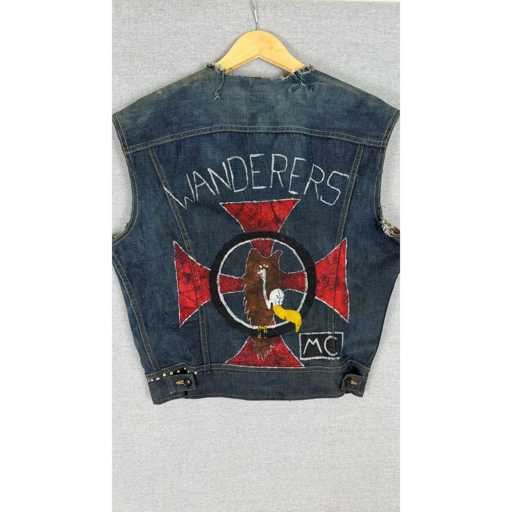 Vintage 60s 70s Lee 101-J Wanderers MC Biker Denim Vest Hand Painted Patches 40